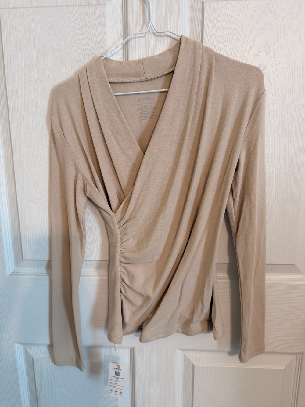 OGL Beige Wrap Front Ruched Long Sleeve Top NWT